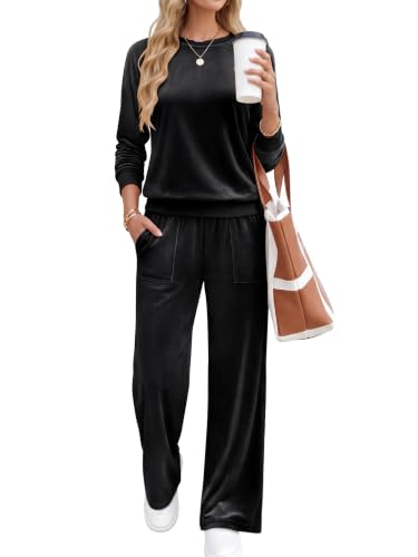Women's Velour Lounge Sets 2 Piece Tracksuit - Large Black