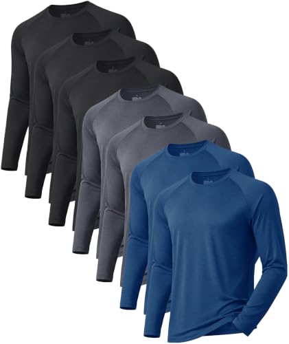 X-Large 7 Pack Men's Long Sleeve Quick Dry Sun Protection Gym T-Shirts - Black, Grey, Blue