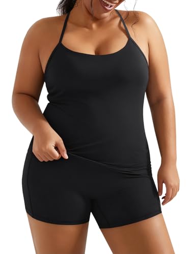 Plus Size Workout 2 Piece Set for Women - Black Halter Tank Top & High Waisted Biker Shorts