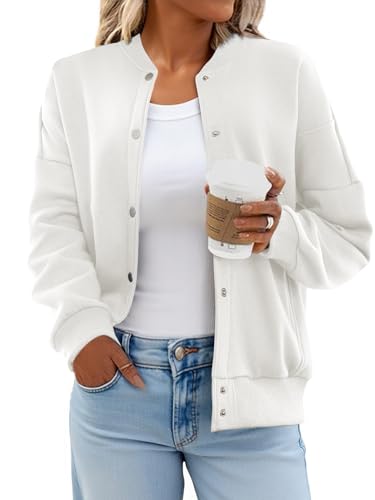 Women's Zip Up Fleece Sweatshirt Crew Neck Jacket with Side Pockets - Medium White