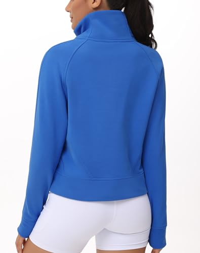 Women's Half Zip Fleece Crop Sweatshirt - Stand Collar, Sea Blue, Medium