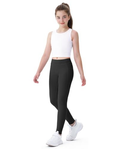 Girls Athletic Leggings Kids Yoga Dance Pants with Pocket - 11-12 Years, Black