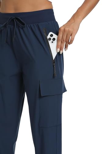Women's Cargo Hiking Pants with 4 Pockets - Lightweight Water-Resistant, Large, Navy Blue