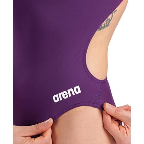 ARENA Women's Solid Team MaxLife Swimsuit Challenge Back One Piece Ladies Bathing Suit Competition Training Athletic Swimwear, Plum/White, US Size 28