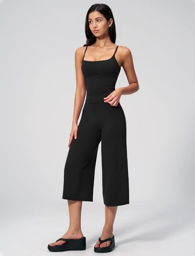 Women's Workout Set Spaghetti Strap Crop Top & Wide Leg Capri Pants - Medium Black
