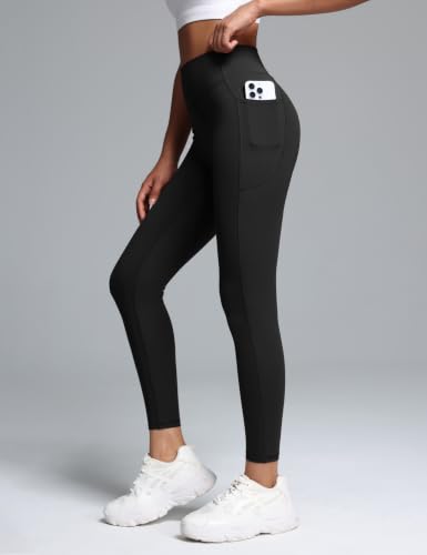 Women's Workout Leggings with Pockets - 25 Inch, Medium, Black