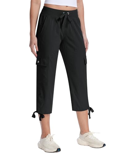Women's Cargo Capri Pants with 6 Pockets - Lightweight Summer Hiking Capris, Medium / Black