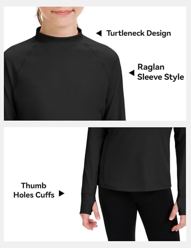 Girls Long Sleeve Turtleneck Shirt - Kids Athletic Top, Black, 9-10 Years