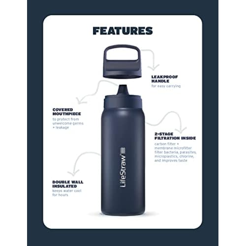 LifeStraw Go Series ? Insulated Stainless Steel Water Filter Bottle for Travel and Everyday Use, Removes Bacteria, Parasites and Microplastics, Improves Taste, 24oz Cactus Green