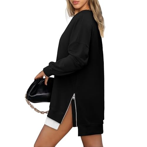 CHICZONE Crew Neck Oversized Sweatshirt Zipper Slit Long Sleeve Pullover for Women 2025 Trendy Fall Clothes