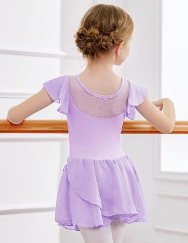 Girls Ballet Leotard with Ruffle Sleeves and Sparkle Details - Light Purple, 8-9 Years