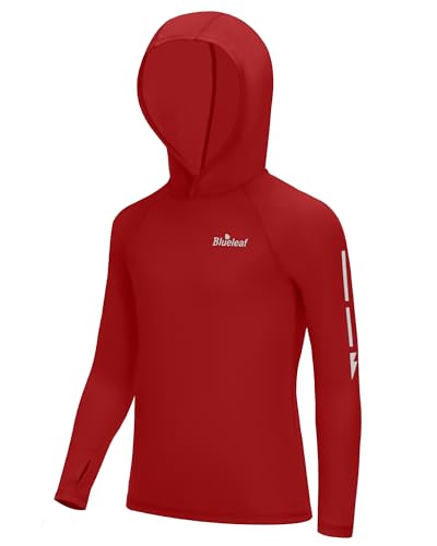 Blueleaf Boys Rash Guard Long Sleeve Hoodie UPF 50+ Sun Protection Fishing Shirt Kids SPF Water Beach UV Shirt - Large / Red