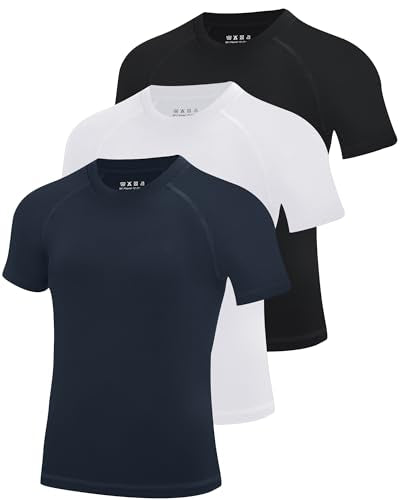 Blueleaf Boys Compression Shirt 3 Pack Short Sleeve Youth Athletic Undershirt - Black, White, Navy, Large