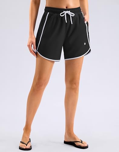 Women’s 5" Swim Shorts with Zipper Pockets & Quick Dry Liner - Black, Large