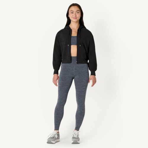Women's Athletic Lightweight Cropped Zip Up Hoodie - Medium, Space Dye Black