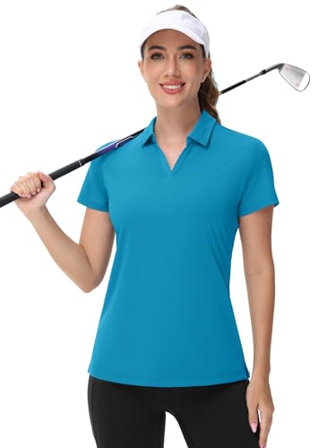 Women's V-Neck Polo Shirt UPF 50+ Sun Protection Short Sleeve Golf Collared Top - Green & Blue, Large