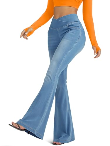 X-Large Light Blue Knit High Waist Bell Bottom Yoga Leggings with Pockets