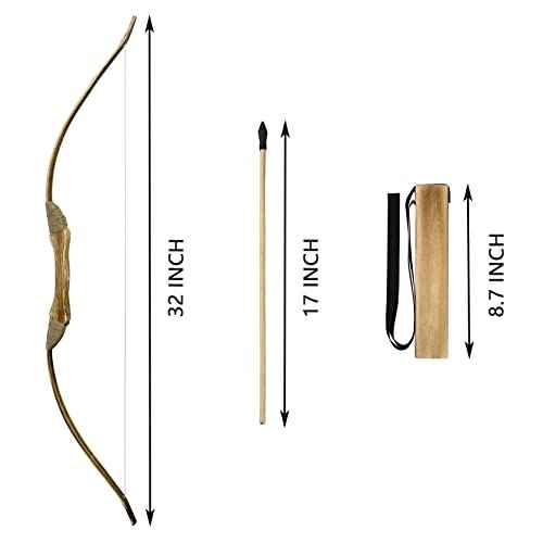 Kids Bow and Arrow Set, 32 Inch Archery Set Handmade Wooden Toy Bow and Arrow for Kids 4-6 8-12, Cosplay Game Costume Prop Play, 1 Bows 1 Quivers and 10 Wood Arrows, Gifts for Youth Boys & Girls