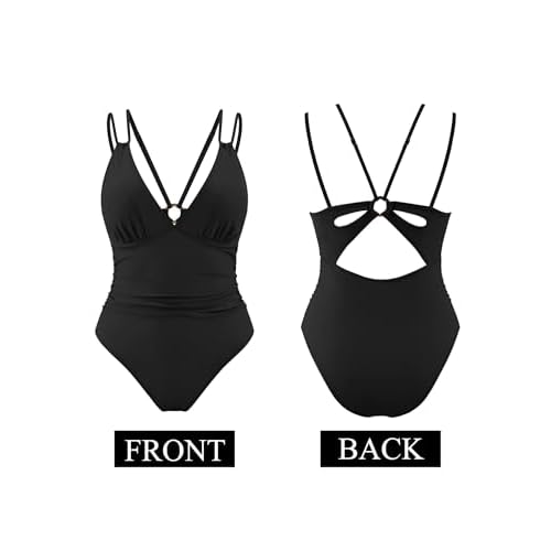 AI'MAGE Womens One Piece Swimsuit V Neck Ruched Bathing Suit Double Straps Crisscross Back Floral Print Swimwear S-XXL