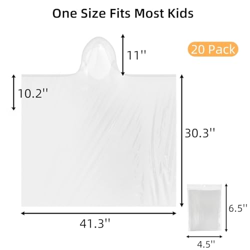 Kids Rain Poncho 20 Pack Waterproof Disposable Hooded Raincoat for Children