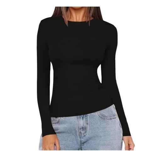 Ekouaer Women Long Sleeve Shirts Ruch Side Thermal Tops Crew Neck Layering Undershirts Stretchy Slim Fit Basic Tees