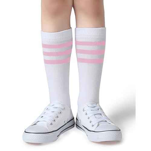 Pareberry Boys Girls Over the Calf Striped Tube Socks Cotton Soft Retro Athletics No Heel Socks for Kids 5-14 Years