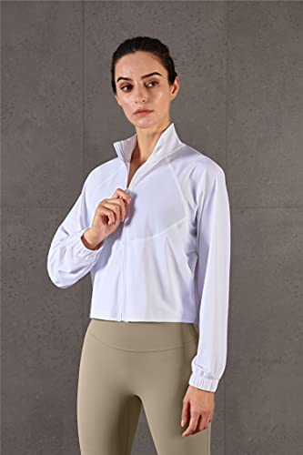 Women's UPF 50+ Athletic Running Track Zip Up Cropped Jacket - Small White