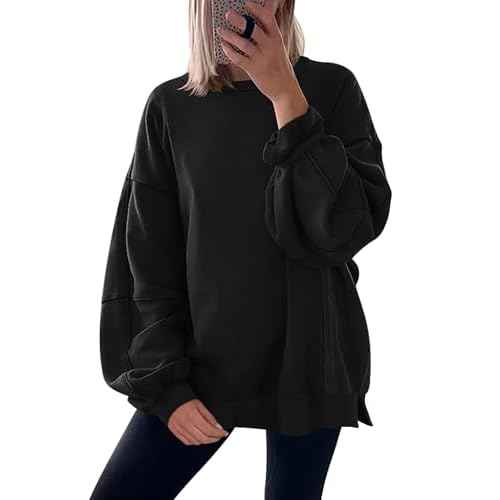 ANRABESS Women Oversized Long Sleeve Sweatshirts Crewneck Side Slit Loose Teen Girl Pullover Top 2025 Fall Y2K Trendy Outfits