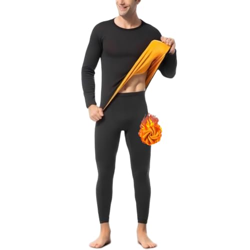 Men's Heavyweight Thermal Underwear Set Fleece Lined Base Layer Long Johns - Black, Large