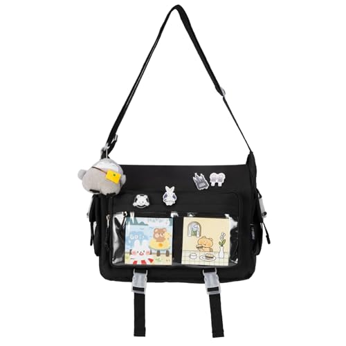 Kawaii Crossbody Ita Bag for Women with Pin & Plush Penguin - Large Black Fit Laptop