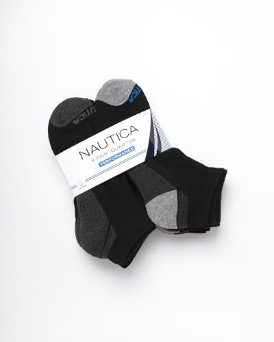 Nautica Mens Quarter Socks Cushioned Moisture Wicking Athletic Socks 6 Pack - All Black 12.5 Size