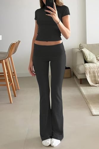 ZFLM Casual Workout Two Piece Outfits for Women Black Medium - Crop Top & Flare Pants Set
