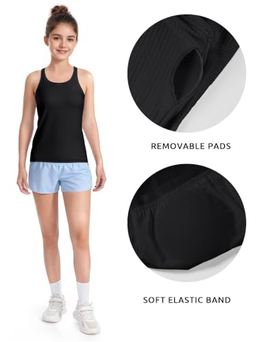 Girls Athletic Tank Top with Built-In Bra - Racerback Dance Top 13-14 Years Black