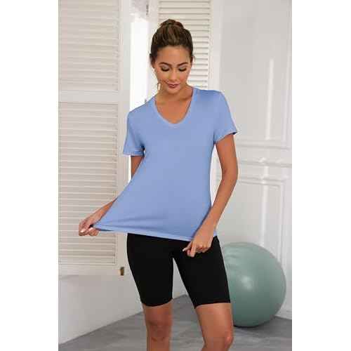 KevaMolly Workout Tops for Women V Neck UPF50+ Breathable Loose Fit Yoga T Shirts Short Sleeve Running Gym Athletic Tee Top