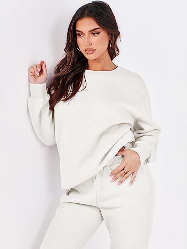 Medium White Womens Lounge Set Sweatsuits 2 Piece Jogger Pants Fall