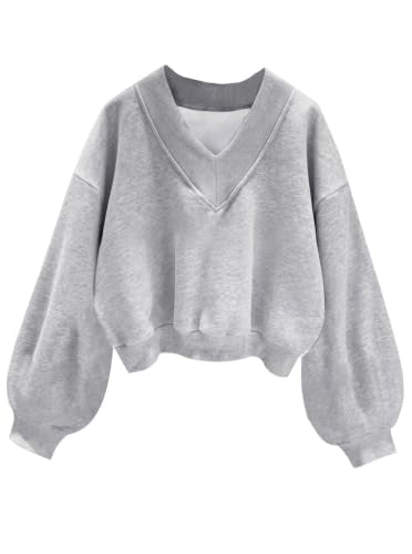 Remidoo Cropped V-Neck Sweatshirt for Women - Grey, Medium Fleece Pullover