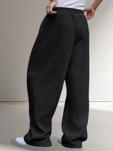 Men's Black Fleece Wide Leg Baggy Sweatpants with Elastic Drawstring Waist - Large