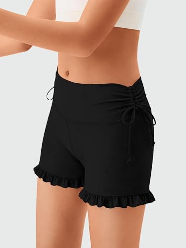 Girls High Waisted Ruffle Shorts - Athletic Yoga Dance Cheer Biker Workout Teen 15-16 Years Black