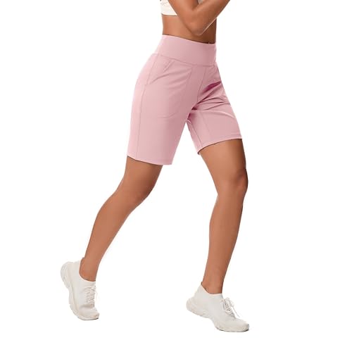 Women’s Bermuda Shorts with Zipper Pocket, High Waist, Long Fit - Pink, Medium