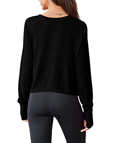 Aurgelmir Women's Long Sleeve Cropped Workout Top - Small Black