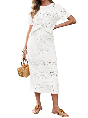Women's Crochet Cover Up 2-Piece Skirt Set Medium White Vacation Travel Outfit