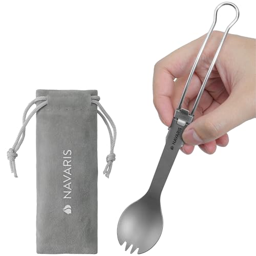 Navaris Titanium & Stainless Steel Spork - Lightweight & Foldable Travel Cutlery - Compact Reusable Fork & Spoon with Locking Mechanism & Carry Bag - Sporks for Camping & Outdoors