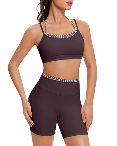 OMKAGI Workout Sets for Women Gingham Chocolate Cherry 4.5 Inch Shorts & Sports Bra