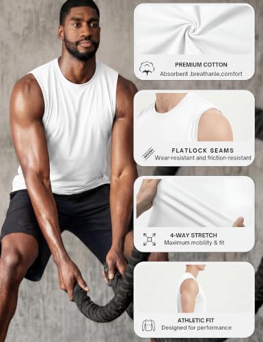 Men's Moisture Wicking Cotton Tank Top Large White - Summer Gym Workout Sleeveless Shirt