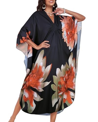 Kaftan Dresses for Women V Neck Caftans Batwing Sleeve Beach Cover Ups - Orange Green Floral