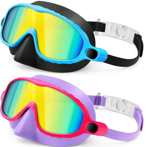 Kids Swim Goggles with Nose Cover 2-Pack Mirrored Blue & Purple Anti-Fog UV