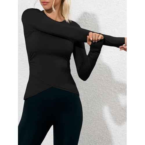Fisoew Womens Long Sleeve Workout Tops Athletic Compression Shirts Crew Neck Cross Hem Running Yoga Active Shirts