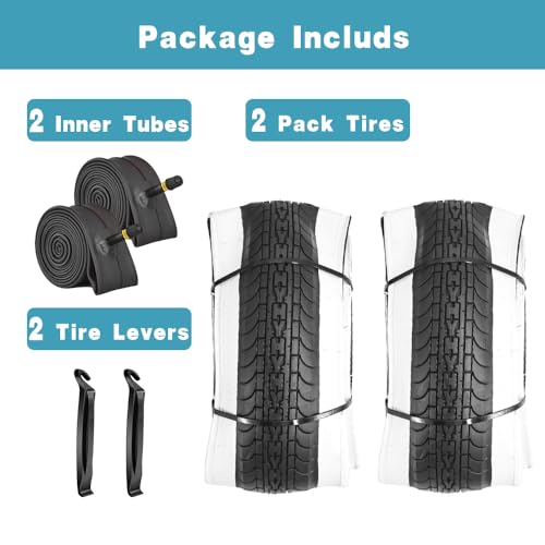 26x2.35 Inch Cruiser Beach Bike Tire with 2 Tubes and Levers - Black White Wall