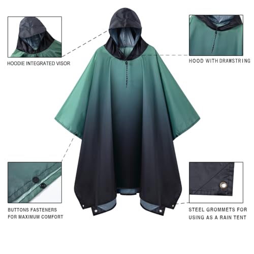 Waterproof Hooded Rain Poncho for Adults - Hiking Camping, Gradient Deep Blue, One Size