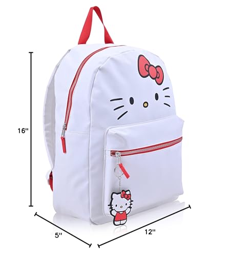Fast Forward Sanrio Hello Kitty Backpack for Women, Large Faux Leather Bookbag Double Strap Shoulder Bag with 3D Design and Keychain (White-Red)